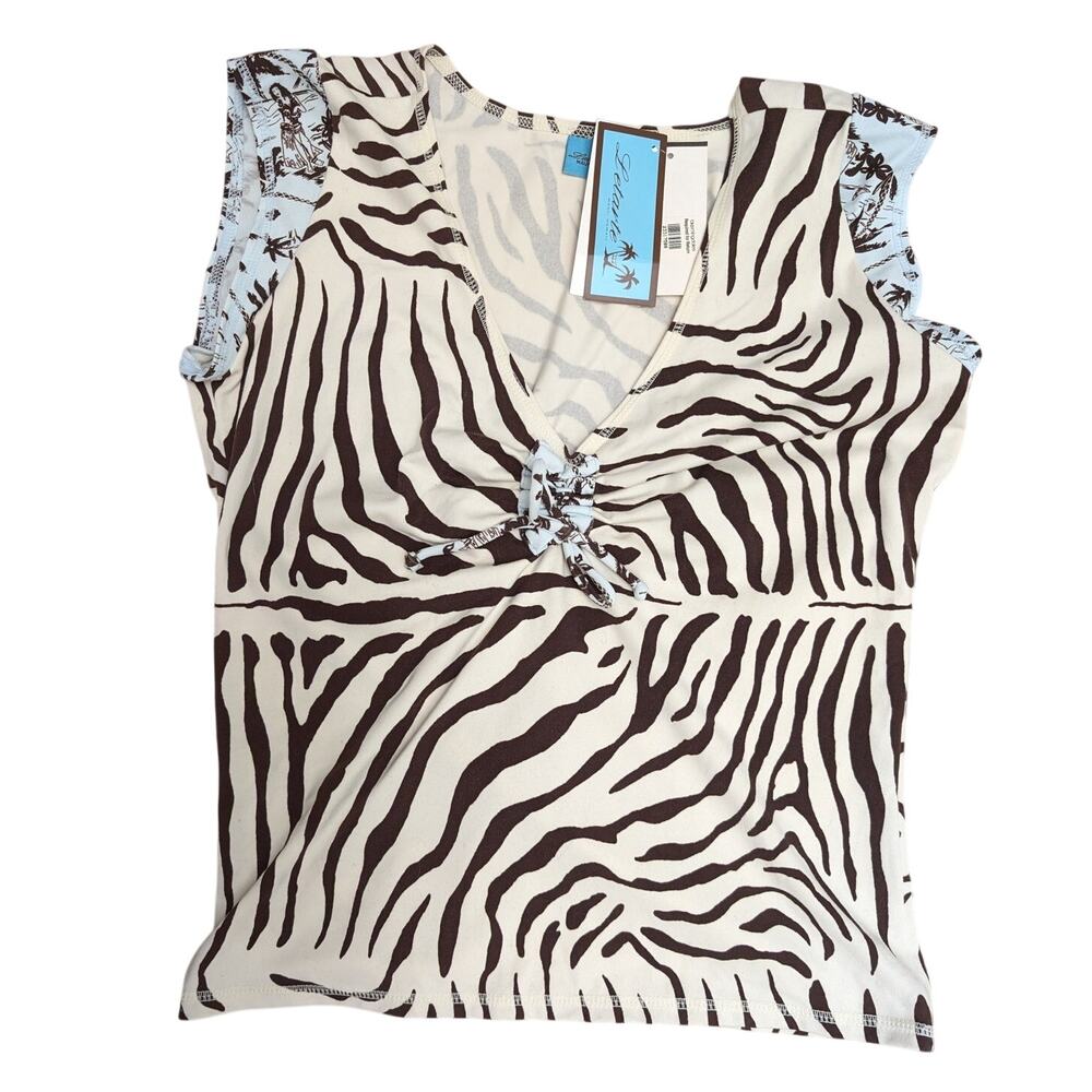 Letarte Y2K Zebra Print‎ Tank Blouse White Black Large Gathered Surplice V-Neck